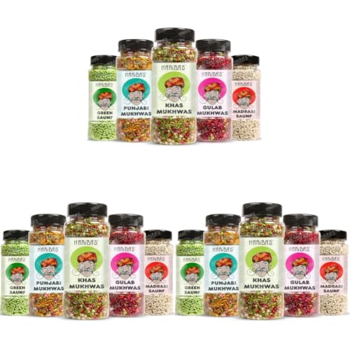 Image of HARIBAS Mukhwas Mouth Freshener PACK OF 15 with sauf mouth freshener, Green Saunf 180G, Punjabi 200GM, Khas Chandan 180G, Gulab 200 Gram and Madrasi white saunf 150G Bottle