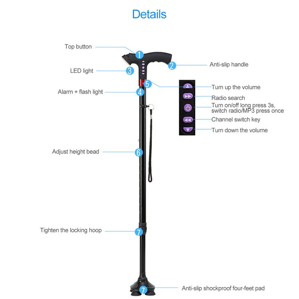 Bastón para Caminar con luz, muleta Ajustable, Radio FM, MP3, Alarma de caída Inteligente, Bastones confiables para Padres Mayores