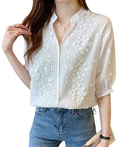 LAI MENG FIVE CATS Women's V Neck Lace Crochet See Through Floral Elegant Blouse Tops Shirts