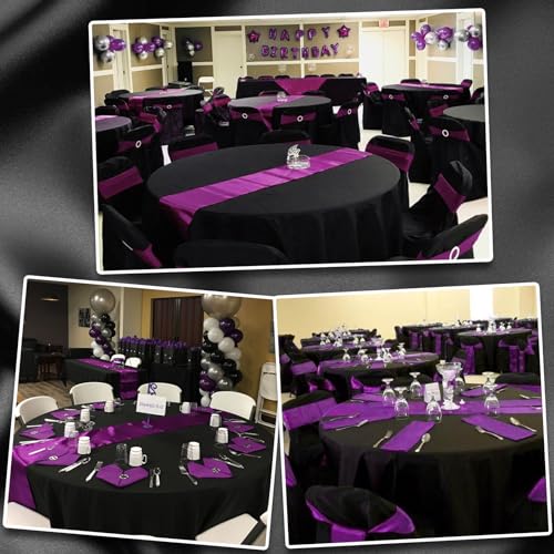 Image of 12Pack 12x108 Inch Satin Table Runner and 84 Inch Round Plastic Tablecloths Set Black Purple Disposable Round Table Cover for Graduation Wedding Bridal Shower Anniversary Birthday Party Decorations