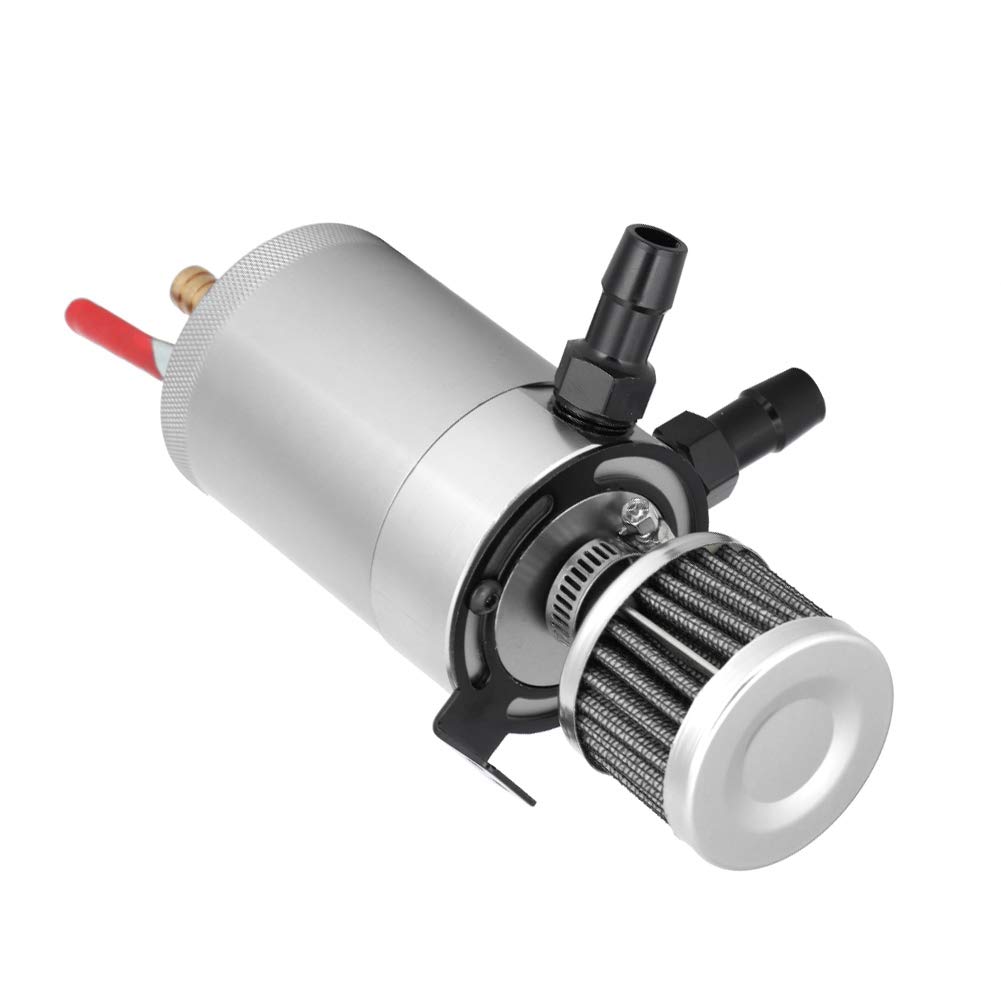 VOBOR Decantador Aceite Coche, Universal Aluminium Alloy Motor Aceite Olla Oil Catch Can, Kit De Lata De Captura De Aceite, Depósito de Aceite con Filtro de Aire (Plata)