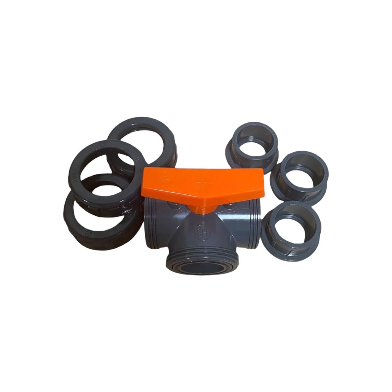 Valvola a sfera a 3 vie in PVC, DN63, foro a T, manicotto adesivo, valvola in PVC-U di qualità industriale, per ingegneria idrica e sistemi di tubazioni