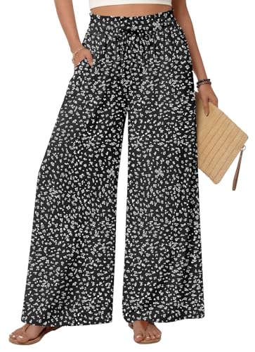 Netsmile Women's Wide Leg Palazzo Pants Dressy Flowy Casual High Waist Drawstring Beach Boho Trousers with Pockets L, Black-White Dots