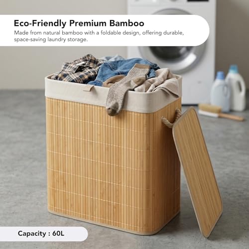 Image of Kura by Ekhasa Laundry Basket with Lid 60L, Bamboo Laundry Basket for Clothes, Foldable Laundry Hamper Basket with Removable Laundry Bag for Bedroom Bathroom Clothes Storage