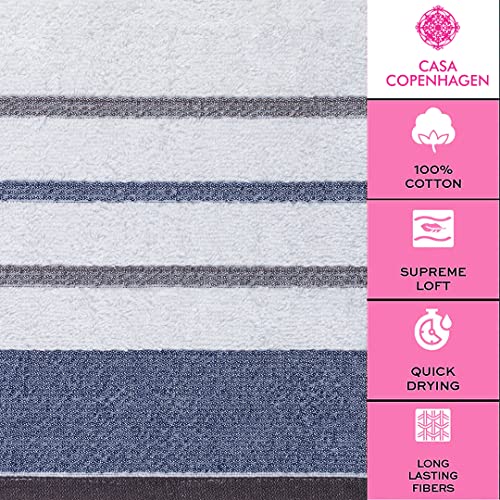 Image of Casa Copenhagen, Germany Design - White Bay Super Soft Collection 100% Cotton 6 Piece Towel Set, Includes 2 Bath Towels 2 Hand Towels 2 Washcloths - Grey & Blue