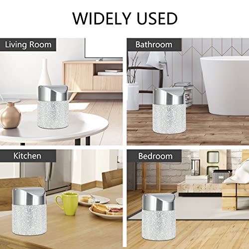 Image of KEYPOWER Bling Rhinestone Mini Trash Can Tiny Waste Can with Swing Lid Stainless Steel,Suitable for Countertop,Car,Table Desk(White)