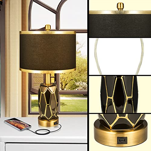 Workluurop Set Of 2 Touch Control Table Lamps For Bedroom Livingroom,Modern Black/White Ceramic Lamp With Usb Ports,Bedside Nightstand Lamp With Fabric Drum Lampshade,Blubs Included(Black) #TOP3