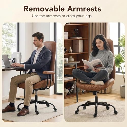 Image of E-Motie Leather Office Chair, Mid Century Modern Desk Chair, Brown | Ergonomic, Lumbar Support, 360 Swivel & Rolling Wheels, Adjustable Height, for Adults & Women
