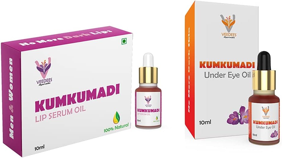 VEEDEES Kumkumadi Lip Serum Oil and Kumkumadi Under Eye Oil Combo Pack (Each 10 ml)