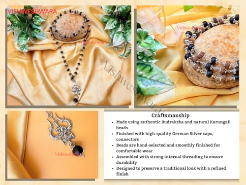 Image of Govt. Lab Certified Karungali Rudraksha Om Shiv Triushul Malai Original | 100% Natural Ebony Wood (54+1) Beads Mala 8mm in German Silver Cap | for Men & Women