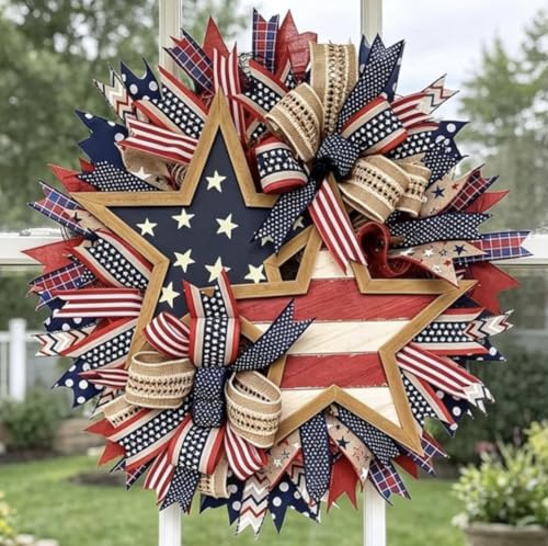 250th Anniversary Patriotic Star Wreath 15.7 Red White and Blue Wreath All-Weather Farmhouse Outdoor Holiday Decoration Memorial Wreath for Front Door 4th of July Garland for Home Wall Porch