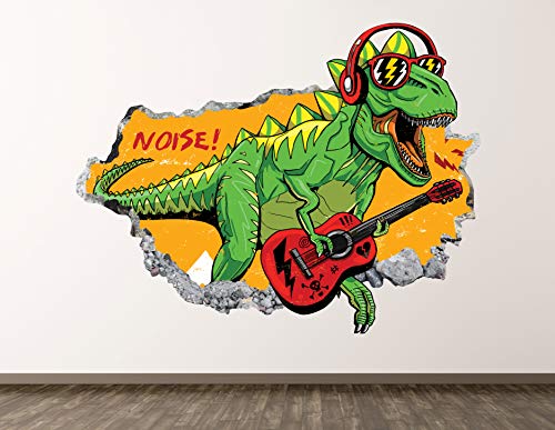Dino Rock Wall Decal Art Decor 3D Smashed Prehistoric Animal Playing Electric Guitar Cartoon Image Sticker Poster Kids Room Mural Custom Gift Bl2031 (70"W X 40"H) #TOP8