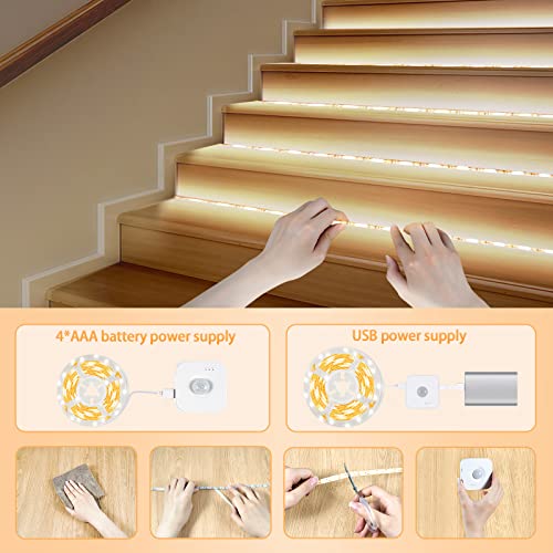 Image of Motion Sensor LED Light Strip with Dual Power Supply and Auto Shut-Off Timer, Night Light, 9.84ft Motion Activated Waterproof LED Strip Light for Kitchen, Cabinet, Bedroom, Shelf, Bed Warm White 2700K