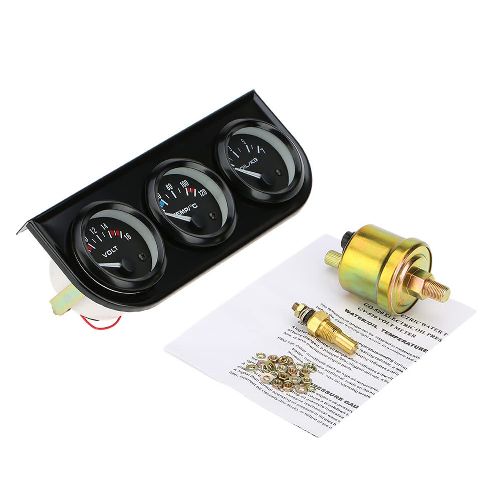 Shkalacar 3 en 1 Voltímetro de Indicador de Temperatura del Agua de Presión de Aceite 52 mm, Kit de Indicador Triple Electrónico Medidor para Moto, Coche 12V
