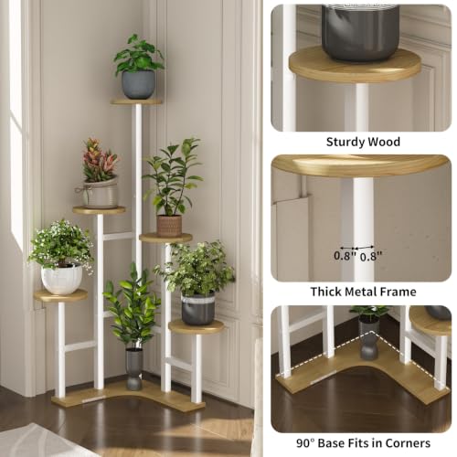 Image of Corner Plant Stand Indoor with Grow Lights 6 Tiered Corner Plant Shelf | Flower Stand for Multiple Plants, Plant Shelves Organizer Rack for Living Room, Balcony, Patio, Garden, White Oak