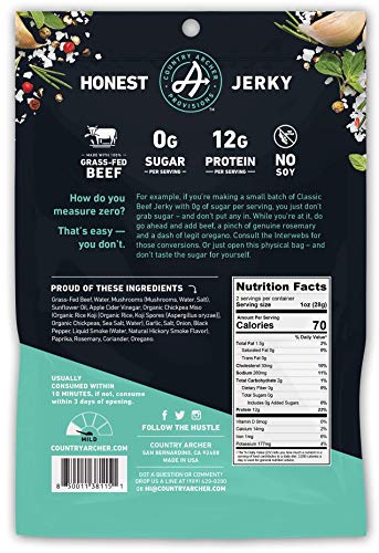 Zero Sugar Classic Beef Jerky By Country Archer, 100% Grass-Fed, Sugar Free, Gluten Free, Protein Snacks, 2 Ounce, 6 Pack #TOP1