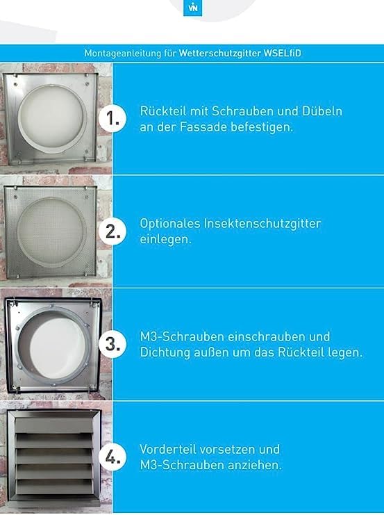 Energiespar Mauerkasten aus Edelstahl Ø 150 mm mit zwei Rückstauklappen, Anschraubbar, mit Dichtung zwischen Fassade und Gitter (Mauerkasten Ø150)