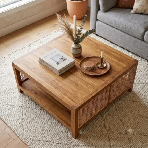Image of Wooden Center Coffee Table with Storage | Solid Wood Centre Table for Living Room, Drawing Room & Office (C-Honey)