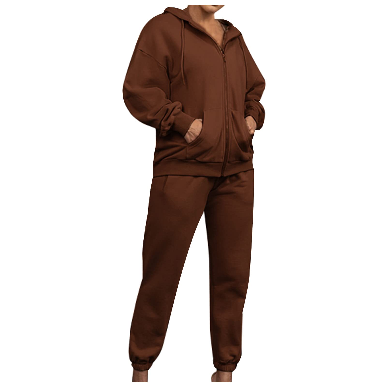 Vintage Polyester Hoods Fall Light Sweatsuit Set Womans Softball Fitted Suit Set with Pockets Long Sleeve Solid Color Hooded Hoodie Set Womens