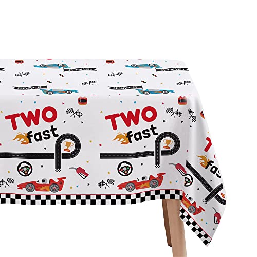 Image of Xigejob Race Car Two Fast Birthday Tablecloth Decorations, Disposable Race Car 2nd Birthday Party Table Cover Supplies, 3 Pack, 54in x 108in