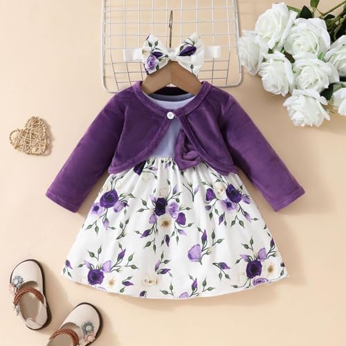 2PCS Little Toddler Girls Dress with Cardigan Floral Dresses Ruffle Shrug Sweaters Kids Girls Fall & Spring Clothes3