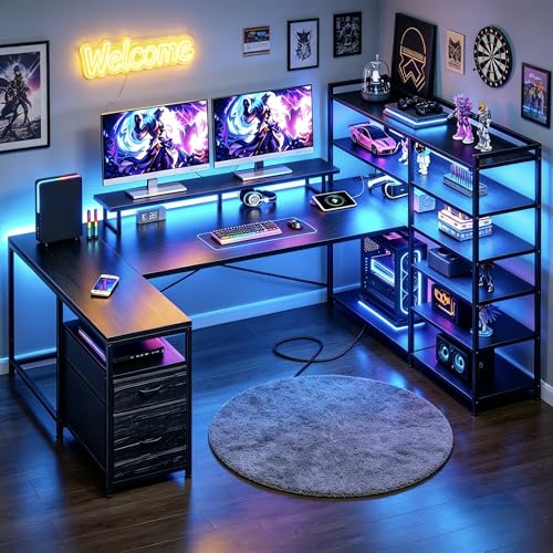 Image of DurayLoly 63 inch L Shaped Gaming Desk with Power Outlet & LED Lights,Black | Reversible Corner Desk with 6-Tier Shelves,2 Fabric Drawers,Monitor Stand & CPU Stand,Computer Desk for Home Office,Bedroom