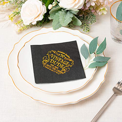 Crisky Vintage Dude Napkins Black Gold Birthday Decorations For Men, Birthday Cocktail Berverage Dessert Cake Table Decorations Vintage Dude Party Supplies, 5" X 5", 50 Count #TOP4