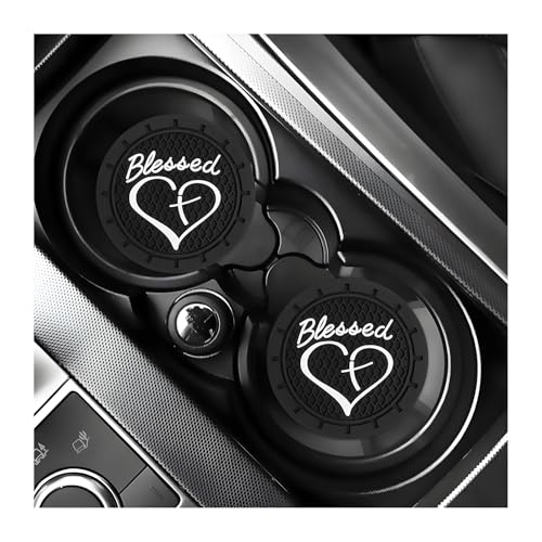 KVAEY 2 PCS Car Cup Holder Coasters, 2.76 Inch Anti Slip Vehicle Drink Mats with Cute Blessed Cross and Heart, Shockproof, Universal Car Accessories (Black, 2 PCS)