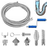 Rohrreinigungsspirale 5M, 12mm Spiraldurchmesser mit 6 Abflussreiniger Schneidkopf und 1 Manuellen Adaptern, Abflussreiniger Spirale für Toiletten Verstopfung Lösen, Kanalisation, Badewanne