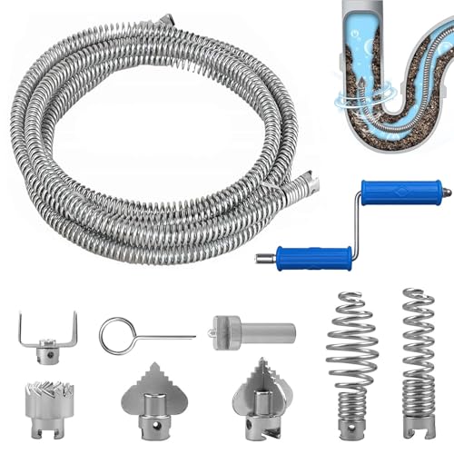 Spirale de nettoyage de canalisations 5 m, diamètre de la spirale de 12 mm avec 6 têtes de coupe de déboucheur de canalisation, 1 adaptateur manuel, déboucheur de canalisation, baignoire