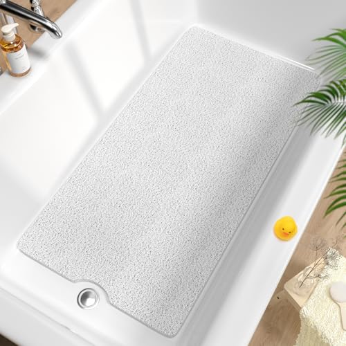 HITSLAM Alfombra de Bañera Antideslizante 101x51cm, Extra Largo Alfombra Ducha Antideslizante, Loofah de PVC Suave Alfombra Baño, Secado Rápido Alfombrilla Bañera, Sin Ventosa, Blanco