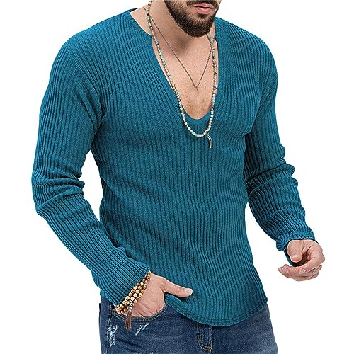 Mens Deep V Neck Knitted Sweater Casual Trendy Sexy Slim Fit Lightweight Solid Tops Long Sleeve Soft Knitwear Pullover