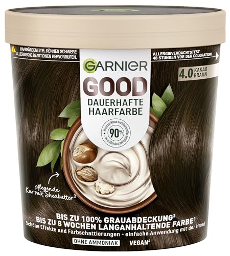 Garnier GOOD Dauerhafte Haarfarbe 4.0 Kakao Braun – Coloration ohne Ammoniak, bis zu 100% Grauabdeckung, 1 Stk.