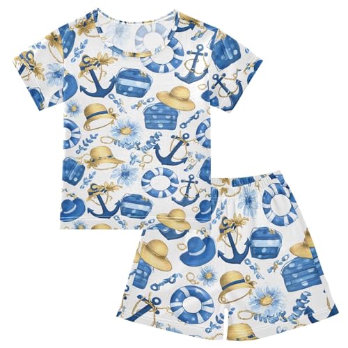 Anchor Hat Swimming Ring Pajama Set, Short Sleeve Cotton Sleepwear Nightwear