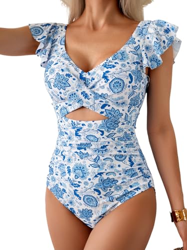 Image of B2prity One Piece Swimsuits for Women Ruffle Sleeve V Neck Bathing Suit Tummy Control Cutout Monokini Slimming Swimwear
