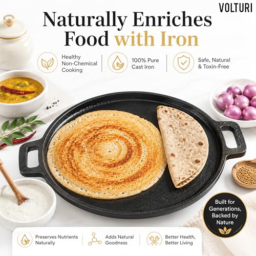 Image of VOLTURI Cast Iron Tawa for Roti and Dosa (30 CM), Dosa Tawa Naturally Non Stick Dosa Pan, Pre-Seasoned Tawa, Induction Friendly, Cast Iron, Cookware, No Chemical Coating 100% Pure & Toxin-Free