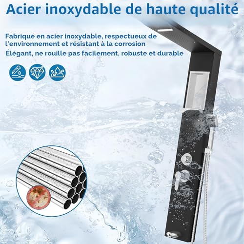 Colonne de douche en acier inoxydable avec étagère et hydromassage Aufun