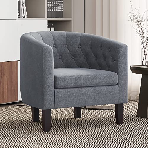 Image of BELLEZE Accent Barrel Arm Chair, Set of 2 Modern Comfy Upholstered Tufted Club Chair with Sturdy Legs and Linen Fabric for Bedroom Living Room - Gray