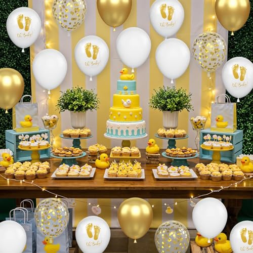 Image of Baby Shower Foot Print Balloons, 30Pcs 12inch Gold White Balloons With Baby Foot Printed Balloon for Neutral Baby Shower Gender Reveal Birthday Wedding Decorations