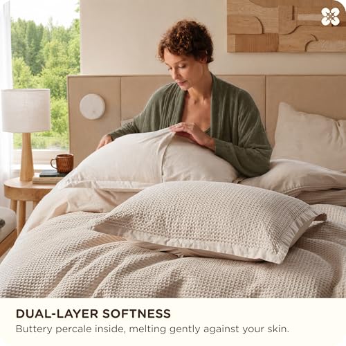 Image of Bedsure Cotton Duvet Cover Set - 100% Cotton Waffle Weave Beige Duvet Cover California King, PureWoven Breathable Cal King Bedding Set for All Season, 3 Pieces, 104 inchx98 inch