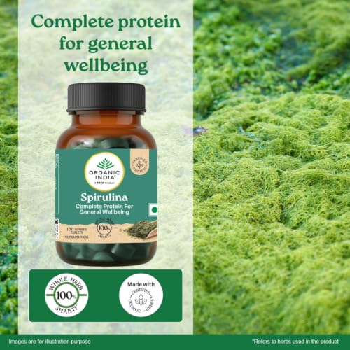 Image of A TATA Product - Organic India Spirulina - 120 Tablets, Natural Amino Acids, Protein Powerhouse, Plant-Based Superfood, For Hair, Skin, Nails & Overall Health
