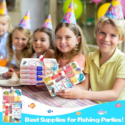 Cherizia 73Pcs Fishing Party Favors Candy Little Tackle Boxes 24 Sets with Red White Floater Thank You Cards for Making My Reel Fun Fishing Gone Theme Party Decorations (24)