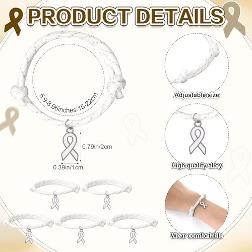 Tondiamo 30 Pcs Lung Cancer Awareness Bracelets Bulk with White Ribbon Alloy Pendant Adjustable Bracelets for Women's Rights Movement Bone Cancer Adoption Charity Recognition Public Events2