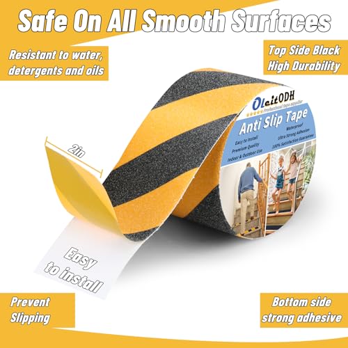 Image of 2 in x 60 ft Anti-Slip Tape for Stairs, Black /Yellow, Indoor /Outdoor | Strong waterproof adhesive, easy DIY cut-to-fit on wood, concrete, or tile. High-visibility stripes warn of slip hazards