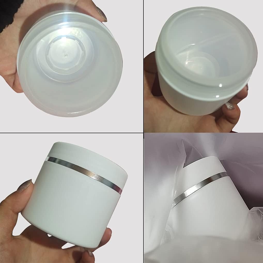 Słoiczki kosmetyczne, Opakowanie zawiera 24 puste słoiki kosmetyczne o pojemności 50 ml, z podwójnymi ściankami, matowe, białe, plastikowe, ze srebrną krawędzią(30ml)