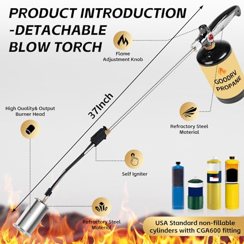 Image of Propane Torch Weed Burner, 37 inch High Output Weed Torch Flamethrower | 45000BTU Blow Torch, Detachable Long Arm Heavy Duty For Garden, Ice, Snow, Stumps, Roofing, Camping, Tank Not Included