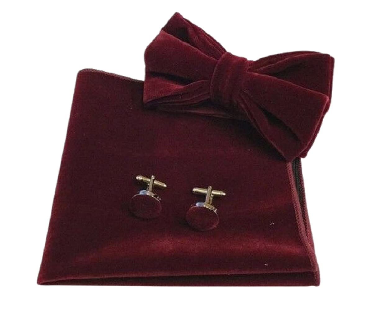 L&L® Men's Classic Velvet Bow Tie + Pocket Square Hanky + Cuff links Set UK (Wine red)