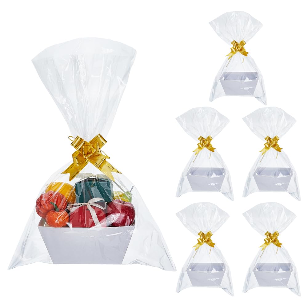 SUPERFINDINGS 6 cesti regalo in cartone bianco, kit vuoto con sacchetti di plastica e fiocco, scatole regalo in carta kraft, robuste, fai da te, cesti regalo per Pasqua, Natale, compleanno, matrimonio