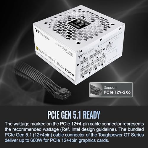 Image of Thermaltake Toughpower GT 1200W; ATX 3.1; x2 Native PCIe 5.1 12V-2x6; Full Modular; Flat Cables; Color Matched Connectors; Japanese Main Capacitors; 80 Plus Gold; 140mm; Snow; PS-TPT-1200FNFAGU-W