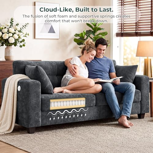 Image of 70 inch Loveseat Sofa for Living Room, Modern Chenille Cloud Couch with USB /Type-C Charging Ports, Side Pockets, Removable Cover, Wide Armrests, Small Couch for Small Space, Easy to Assemble, Grey